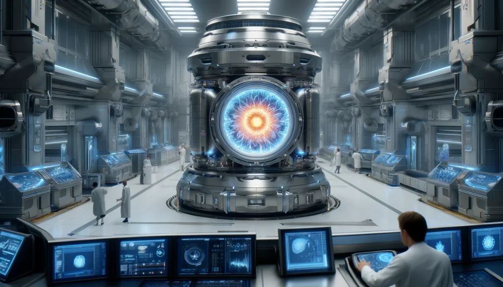 dall·e 2024 05 14 09.56.36 a photorealistic image of a futuristic fusion reactor from 2025, featuring a large, sleek, metallic structure with a glowing plasma core. the design i