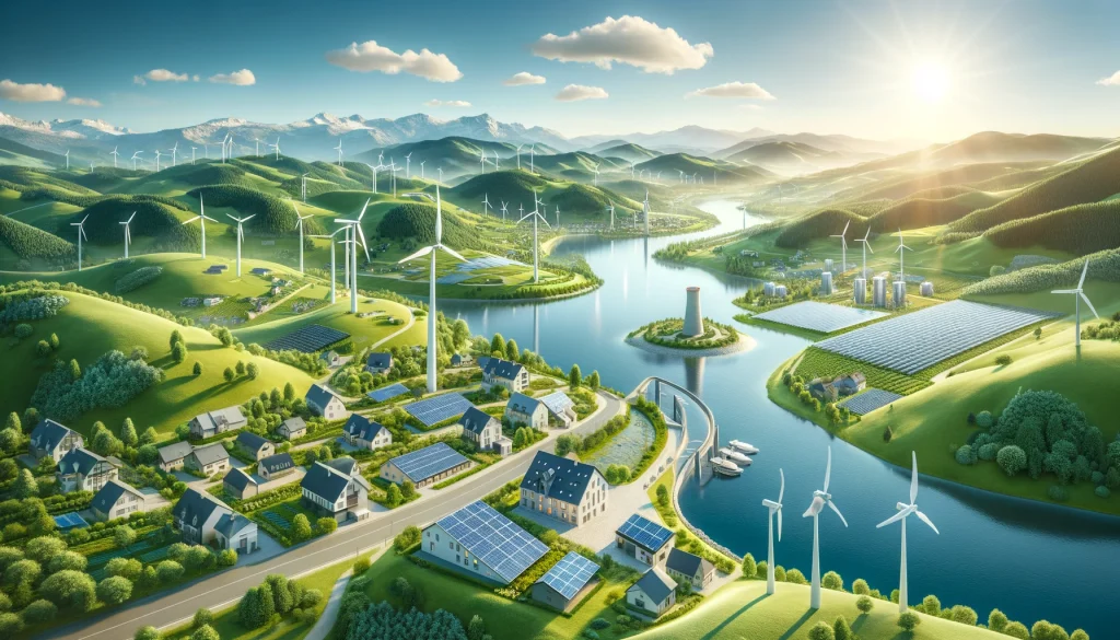dall·e 2024 05 14 09.58.49 a scenic view of a european country that has embraced green energy. the landscape includes rolling hills with wind turbines, solar panels on rooftops,