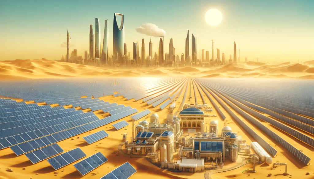 dall·e 2024 05 14 10.00.24 a depiction of saudi arabia using solar energy to create the majority of their power. the scene shows vast solar farms in the desert, with rows of sol
