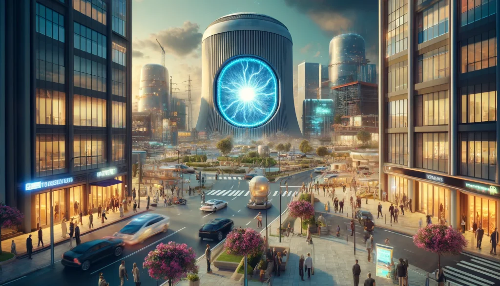 dall·e 2024 05 14 10.02.50 a photorealistic depiction of commercial fusion energy in the future with everyday people going about their daily lives. the scene features a large, a
