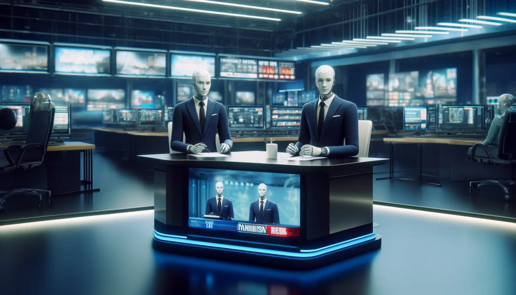 dall·e 2024 05 14 10.06.12 a photorealistic scene of the first ai generated news anchors. the scene features a modern newsroom with high tech equipment and digital screens displ
