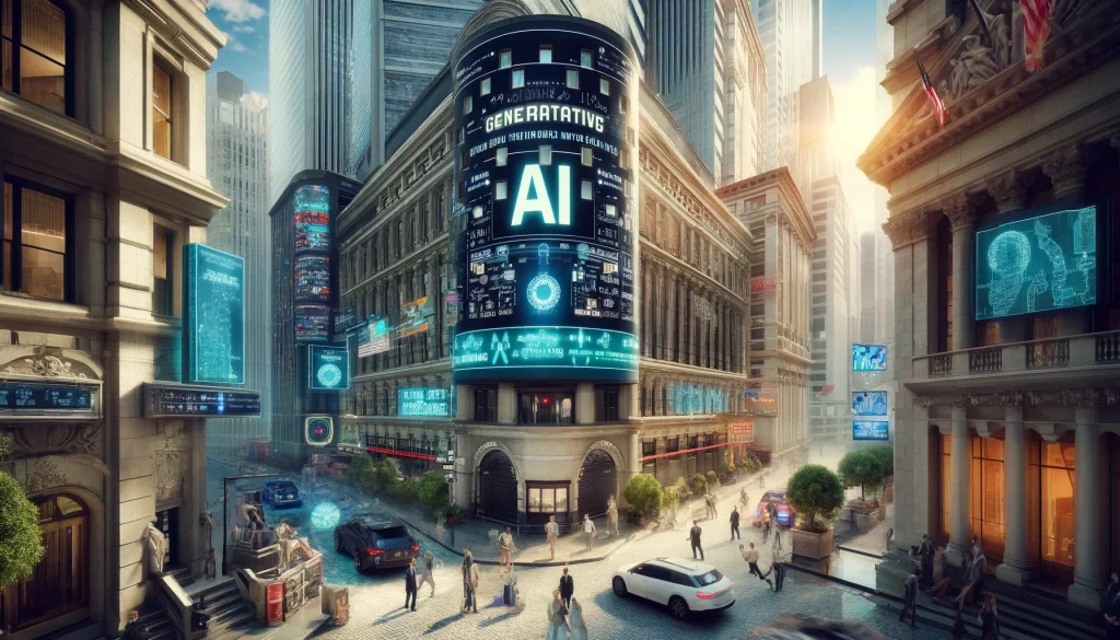 dall·e 2024 05 14 10.11.45 a photorealistic scene of generative ai becoming a multimillion dollar industry with a wall street stock market feel. the image features a bustling ci