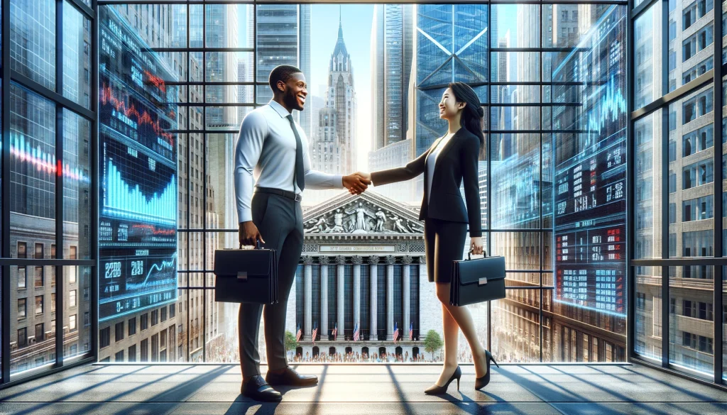 dall·e 2024 05 14 10.17.12 a highly photorealistic scene in the year 2067 when men and women achieve equal pay. the image features a modern cityscape with futuristic buildings.